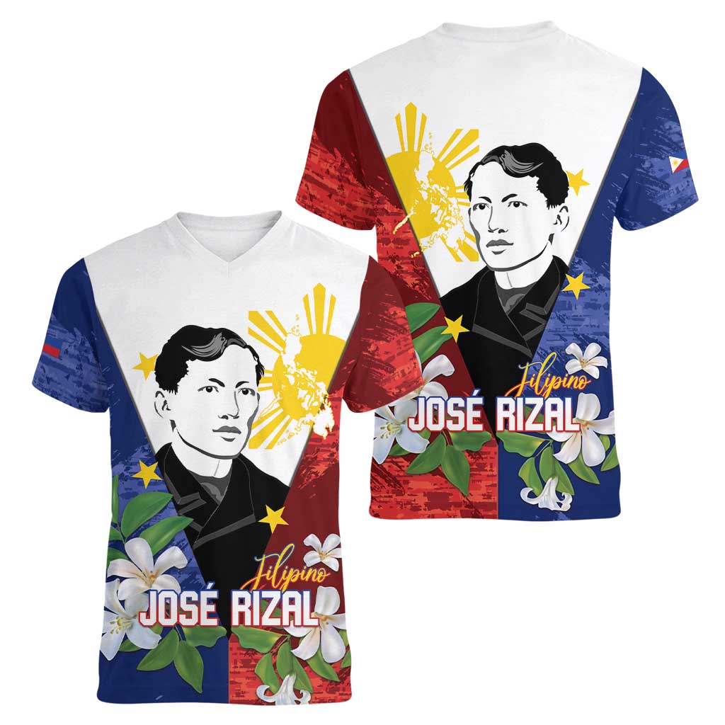 Philippines Rizal Day Women V-Neck T-Shirt Filipino Sampaguita Grunge Style LT14 - Polynesian Pride