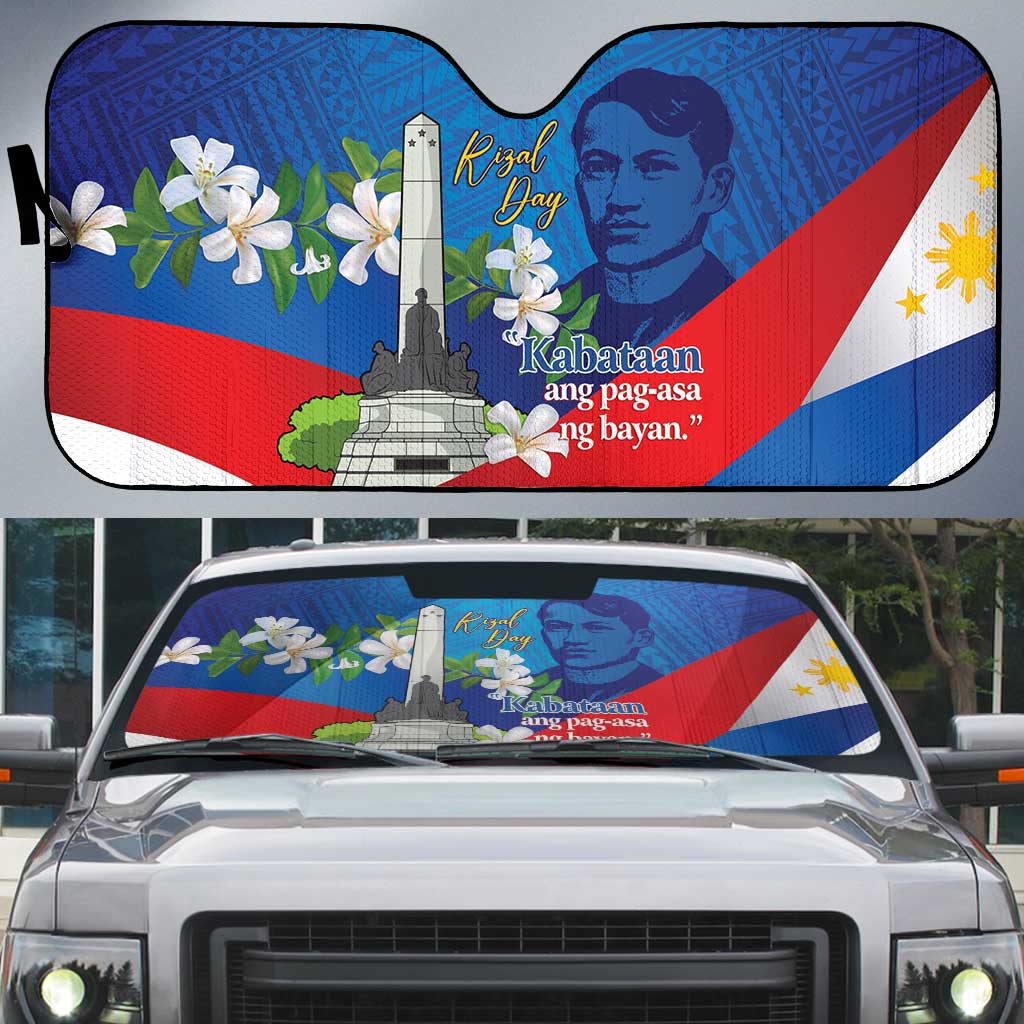 Philippines Rizal Day Auto Sun Shade Filipino Motto Stella Polynesian Pattern LT14 Blue - Polynesian Pride