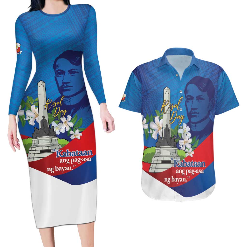 Philippines Rizal Day Couples Matching Long Sleeve Bodycon Dress and Hawaiian Shirt Filipino Motto Stella Polynesian Pattern LT14 Blue - Polynesian Pride