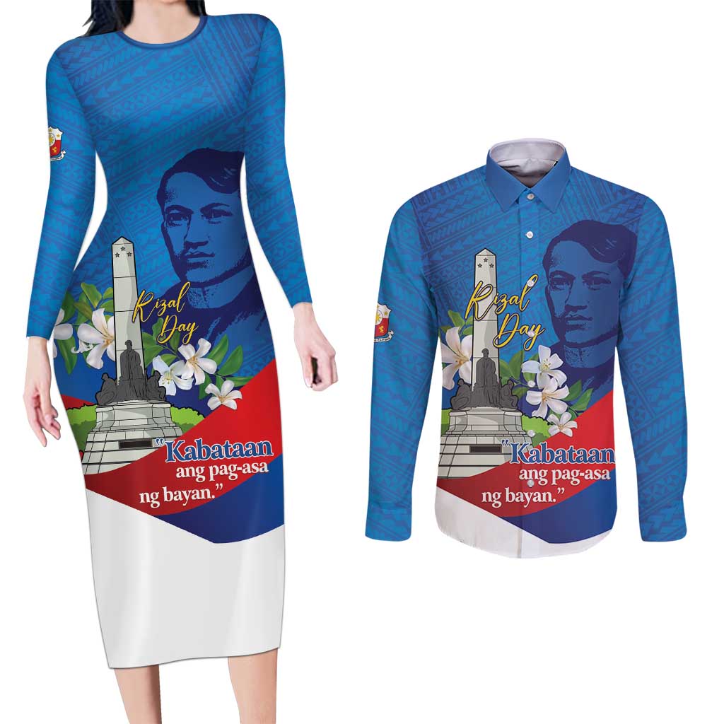 Philippines Rizal Day Couples Matching Long Sleeve Bodycon Dress and Long Sleeve Button Shirt Filipino Motto Stella Polynesian Pattern LT14 Blue - Polynesian Pride