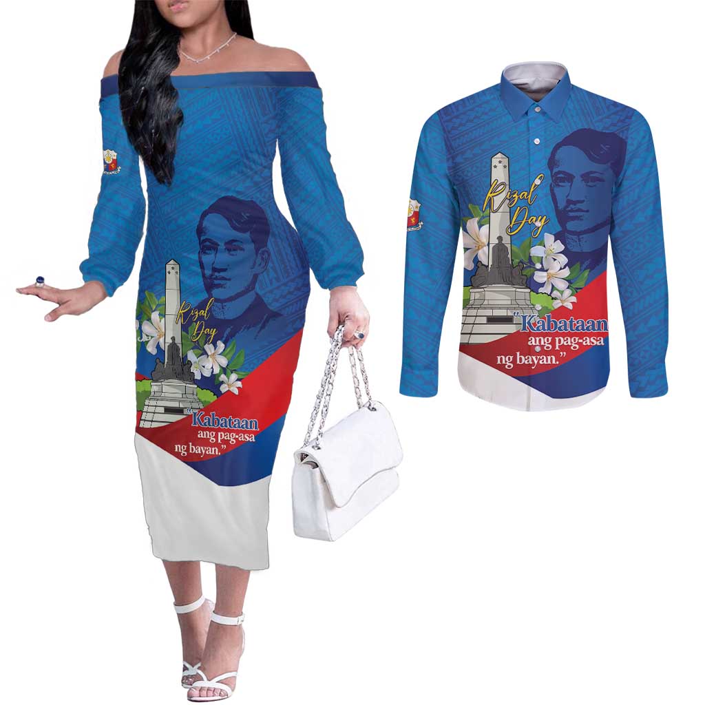 Philippines Rizal Day Couples Matching Off The Shoulder Long Sleeve Dress and Long Sleeve Button Shirt Filipino Motto Stella Polynesian Pattern LT14 Blue - Polynesian Pride