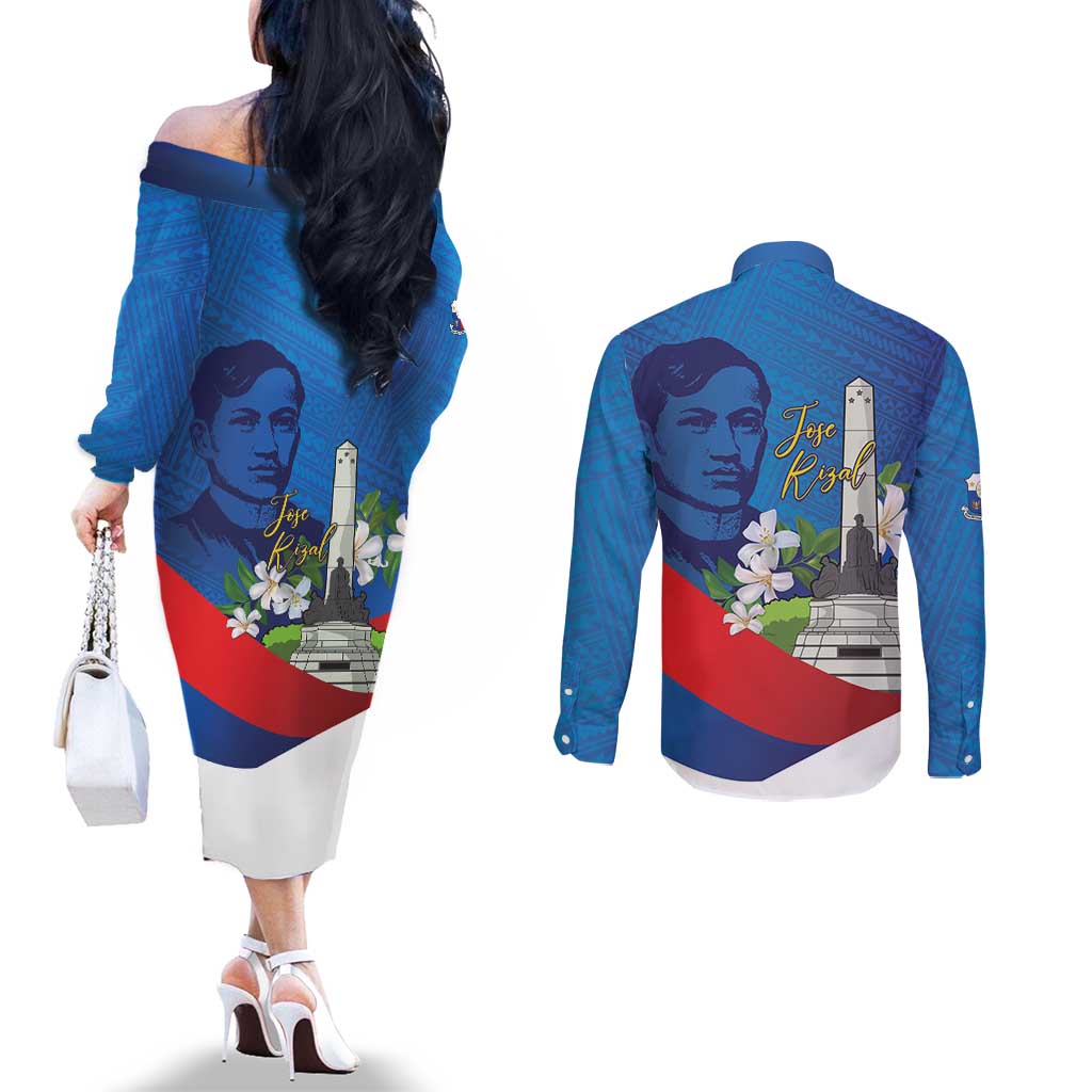 Philippines Rizal Day Couples Matching Off The Shoulder Long Sleeve Dress and Long Sleeve Button Shirt Filipino Motto Stella Polynesian Pattern LT14 - Polynesian Pride