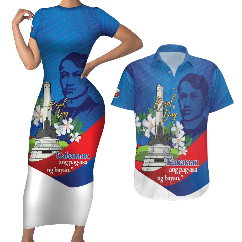 Philippines Rizal Day Couples Matching Short Sleeve Bodycon Dress and Hawaiian Shirt Filipino Motto Stella Polynesian Pattern LT14 Blue - Polynesian Pride