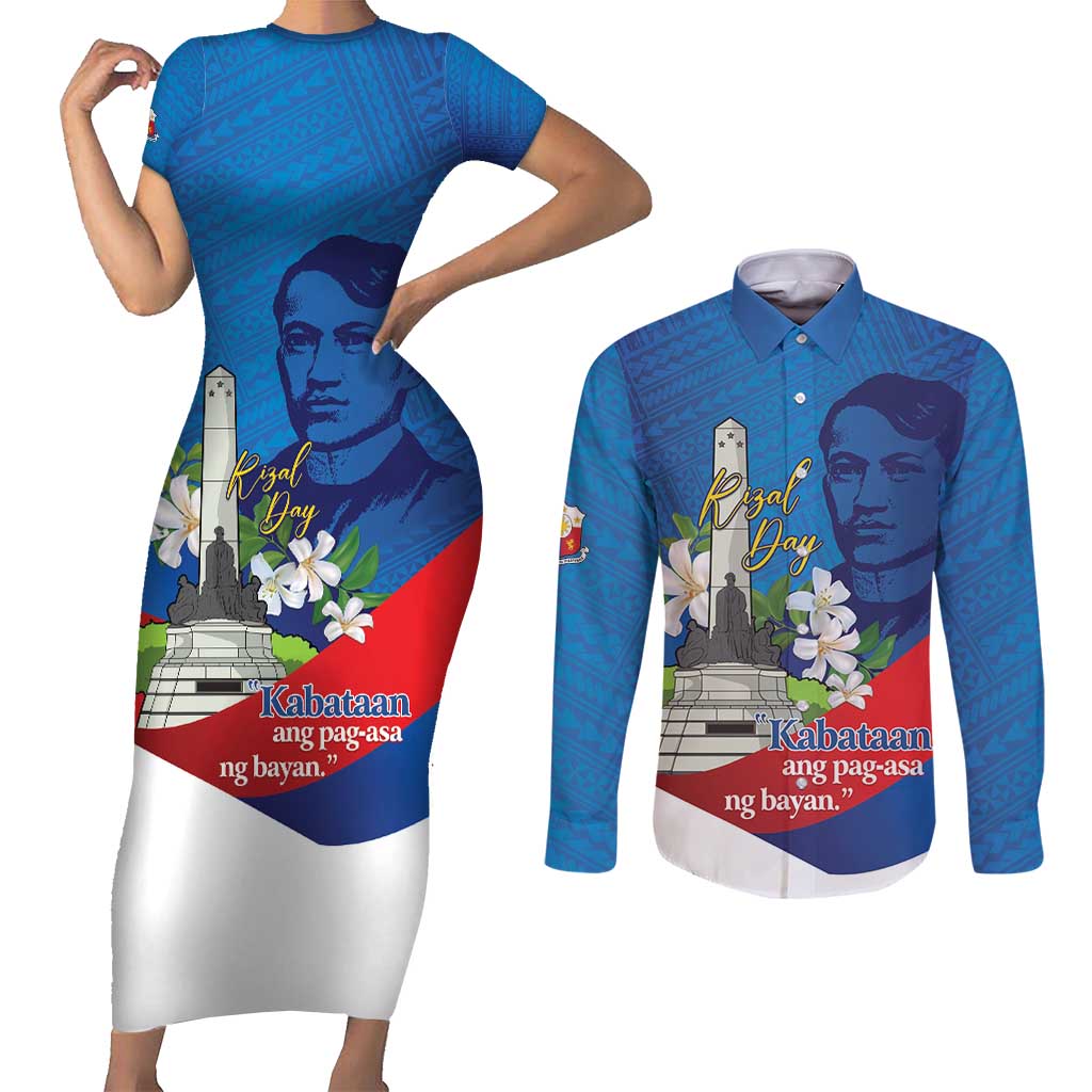 Philippines Rizal Day Couples Matching Short Sleeve Bodycon Dress and Long Sleeve Button Shirt Filipino Motto Stella Polynesian Pattern LT14 Blue - Polynesian Pride