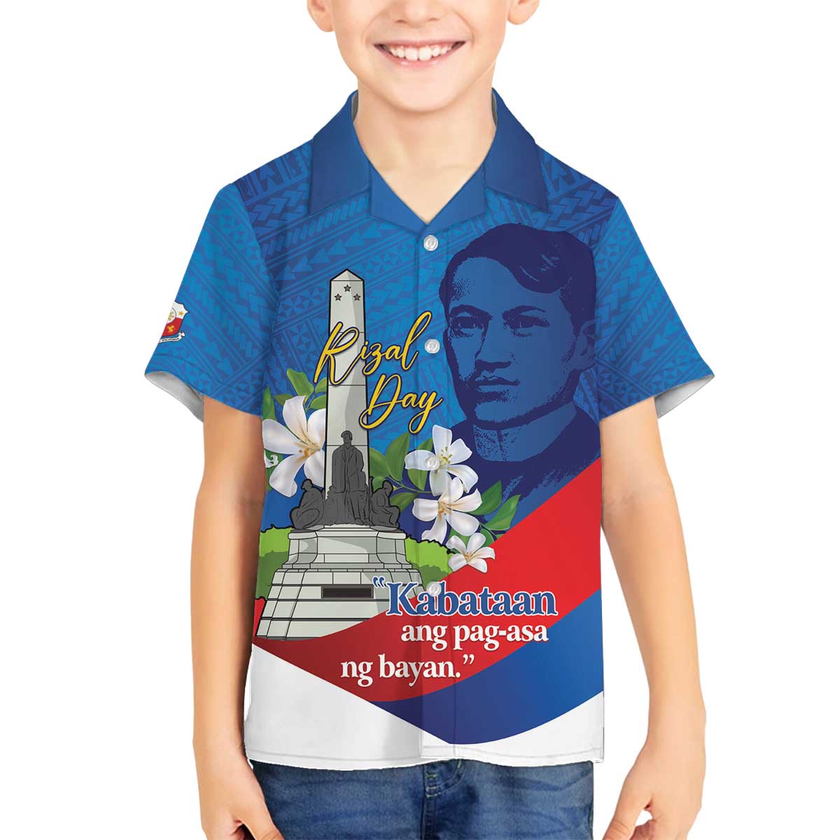 Philippines Rizal Day Family Matching Off The Shoulder Long Sleeve Dress and Hawaiian Shirt Filipino Motto Stella Polynesian Pattern LT14 Son's Shirt Blue - Polynesian Pride