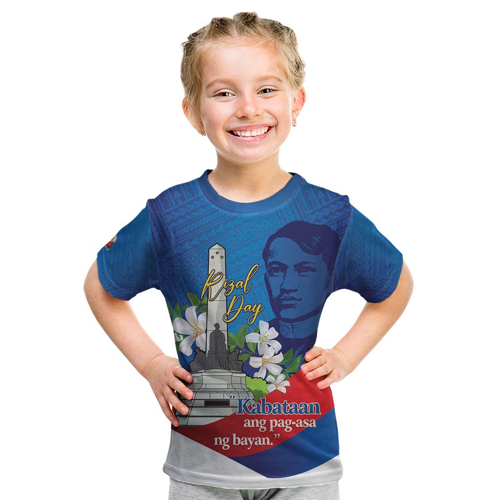 Philippines Rizal Day Kid T Shirt Filipino Motto Stella Polynesian Pattern LT14 Blue - Polynesian Pride