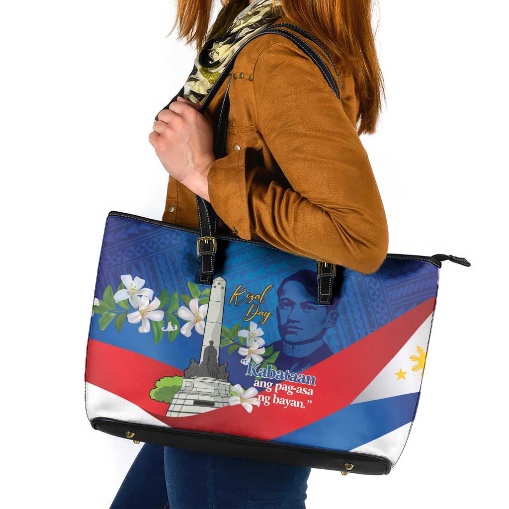 Philippines Rizal Day Leather Tote Bag Filipino Motto Stella Polynesian Pattern LT14 Blue - Polynesian Pride