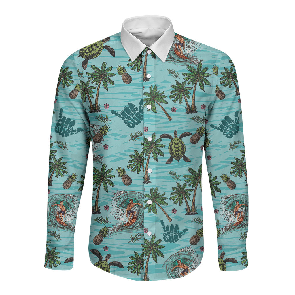 Aloha Hawaii Surfing Tropical Seamless Long Sleeve Button Shirt LT14 Unisex Cyan - Polynesian Pride