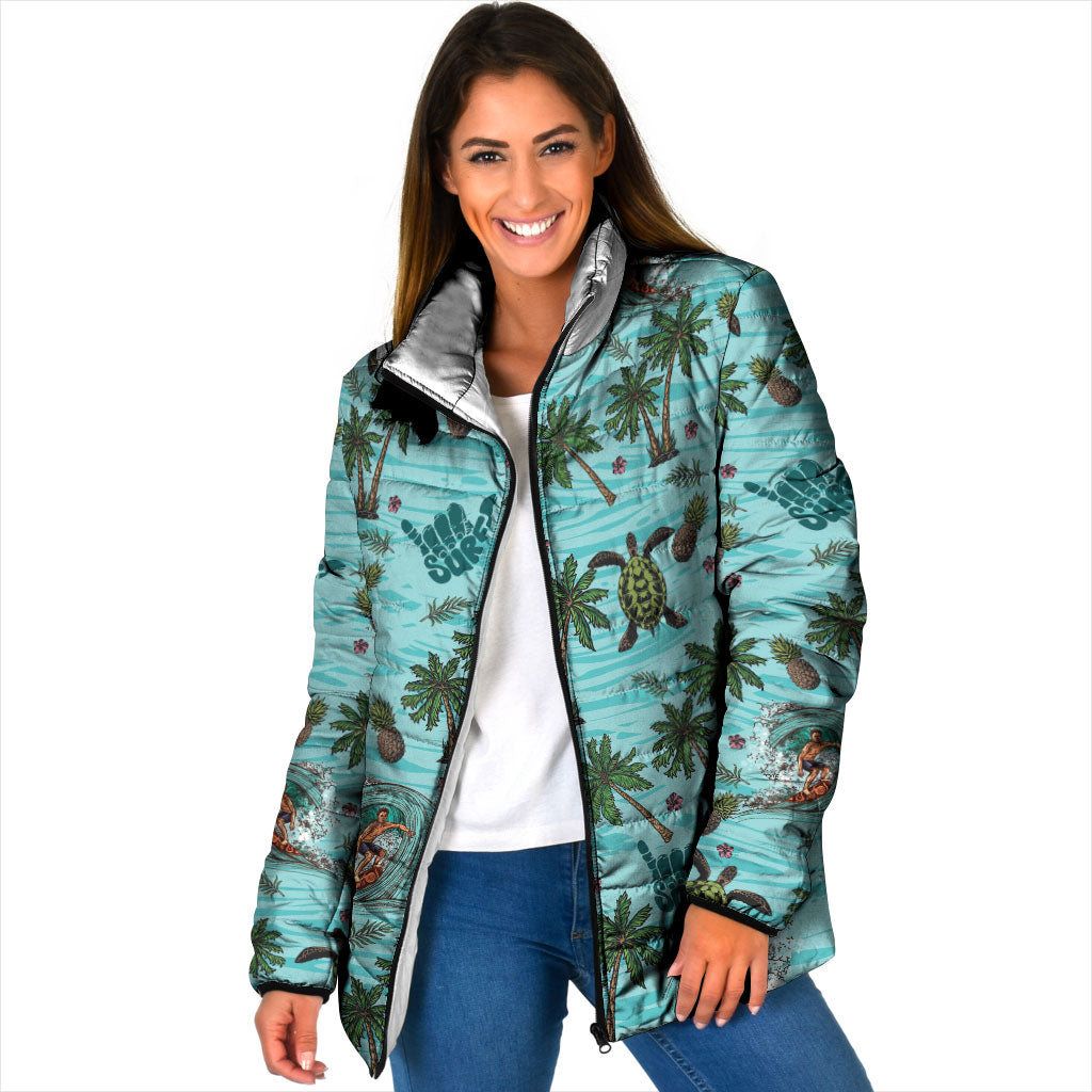 Aloha Hawaii Surfing Tropical Seamless Padded Jacket LT14 Women Cyan - Polynesian Pride