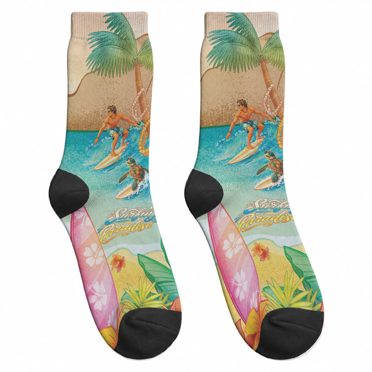 Surfing Paradise Hawaii Crew Socks Tropical Flowers Beachy Vibes LT14 - Polynesian Pride