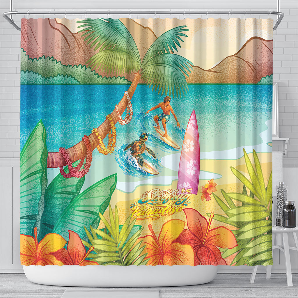 Surfing Paradise Hawaii Shower Curtain Tropical Flowers Beachy Vibes LT14 - Polynesian Pride