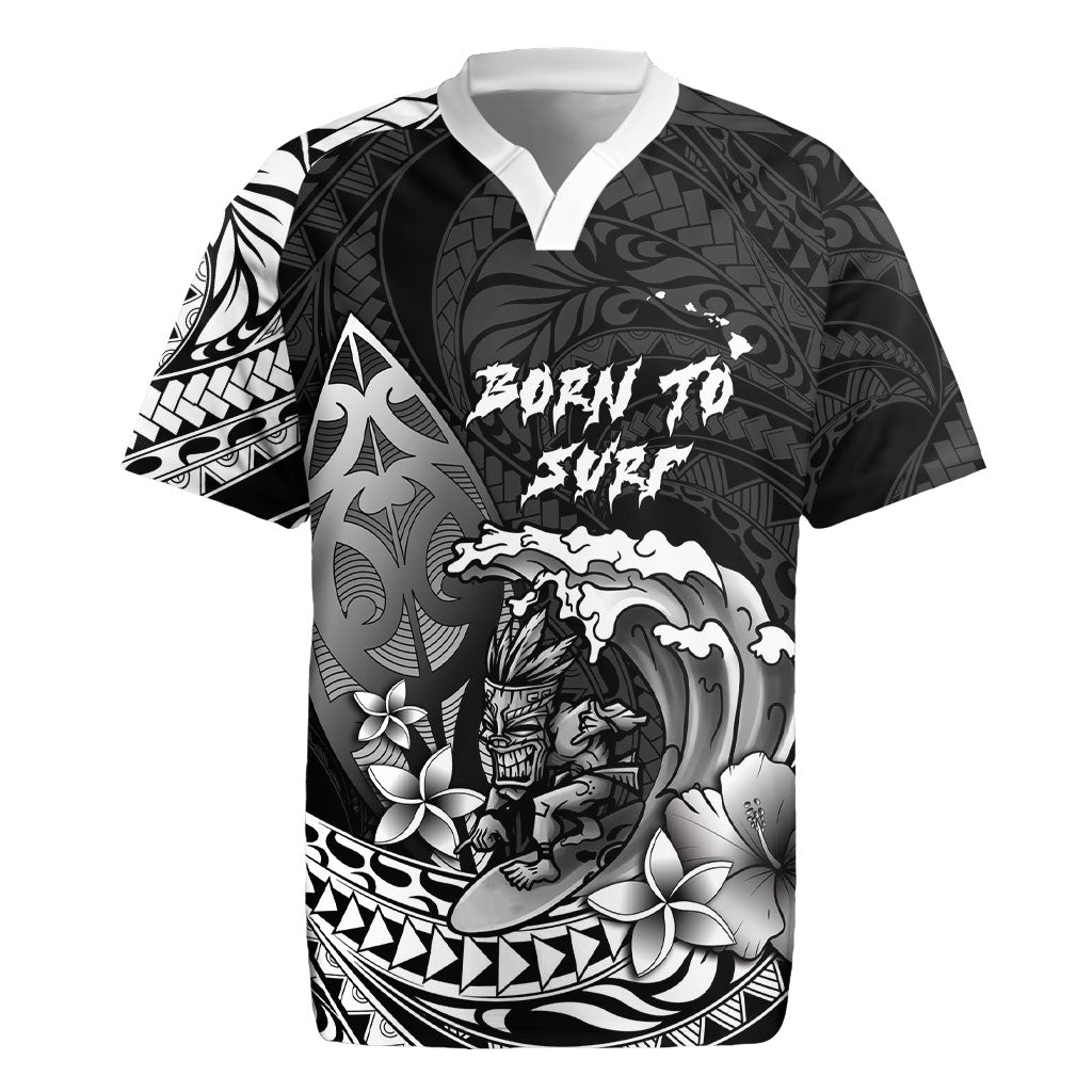Hawaii Surfing Personalized Rugby Jersey Born To Surf Tiki Hawaiian Pattern LT14 Black - Polynesian Pride