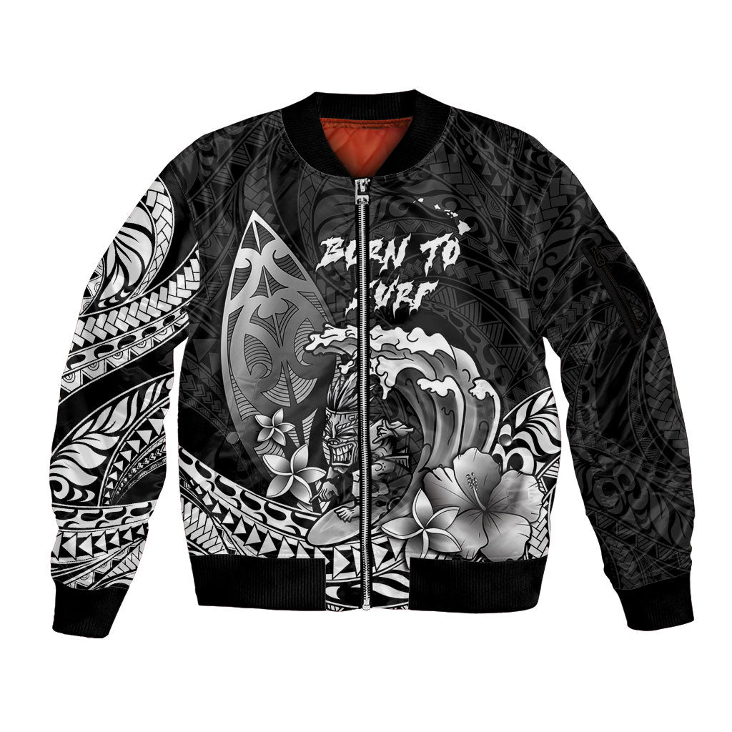 Hawaii Surfing Personalized Sleeve Zip Bomber Jacket Born To Surf Tiki Hawaiian Pattern LT14 Unisex Black - Polynesian Pride
