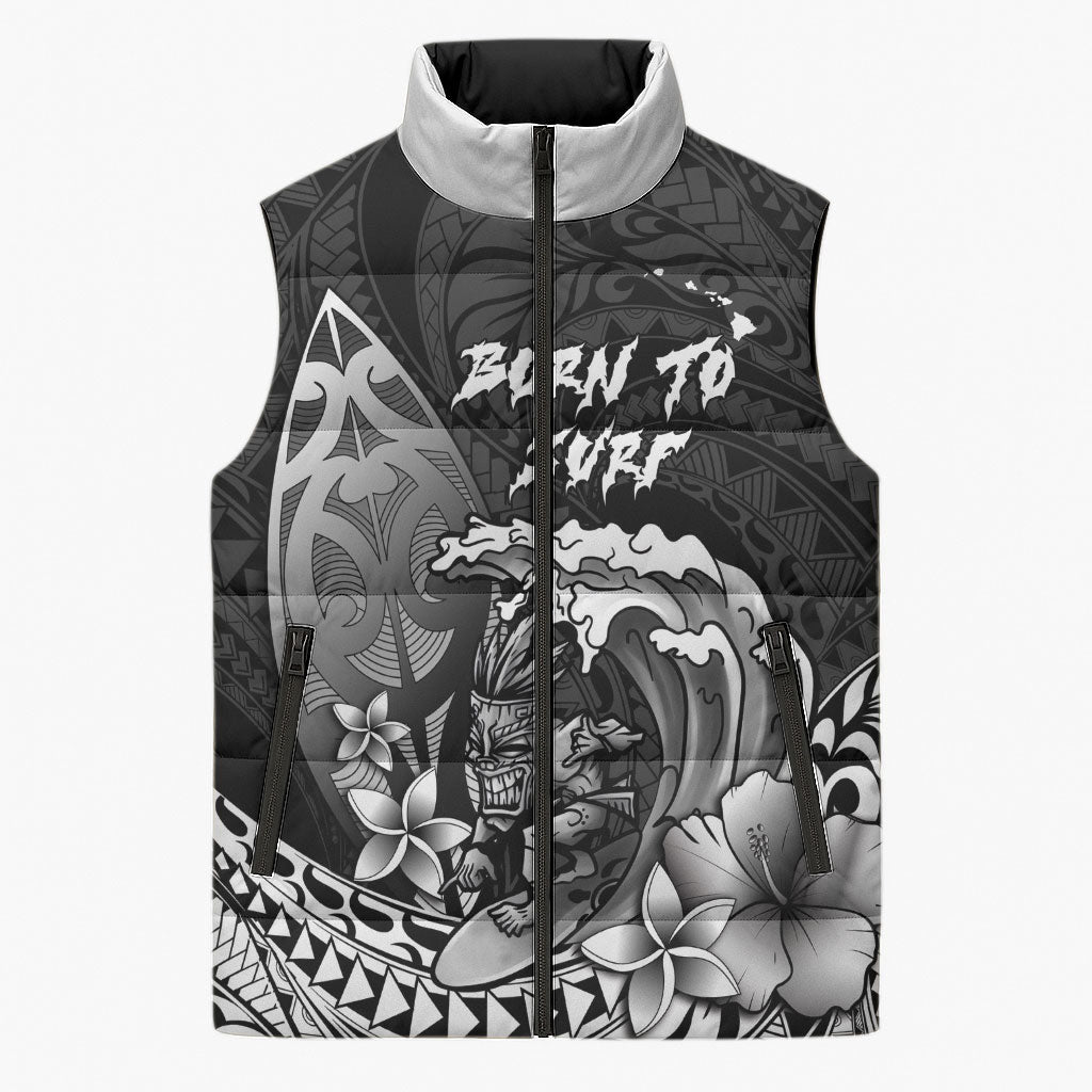 Hawaii Surfing Personalized Sleeveless Puffer Jacket Born To Surf Tiki Hawaiian Pattern LT14 Unisex Black - Polynesian Pride