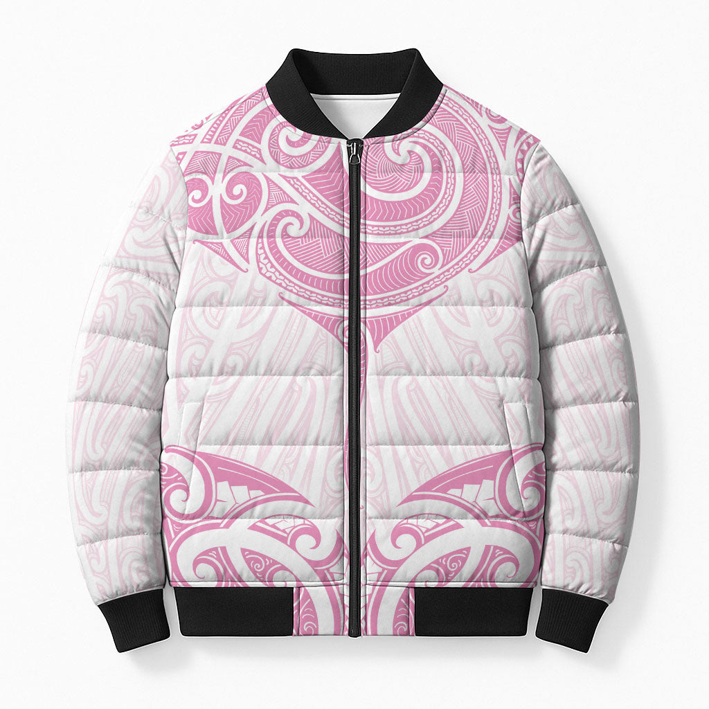New Zealand Manta Ray Tattoo Bomber Puffer Jacket Aotearoa Maori Haehae Pink LT14 Unisex Pink - Polynesian Pride