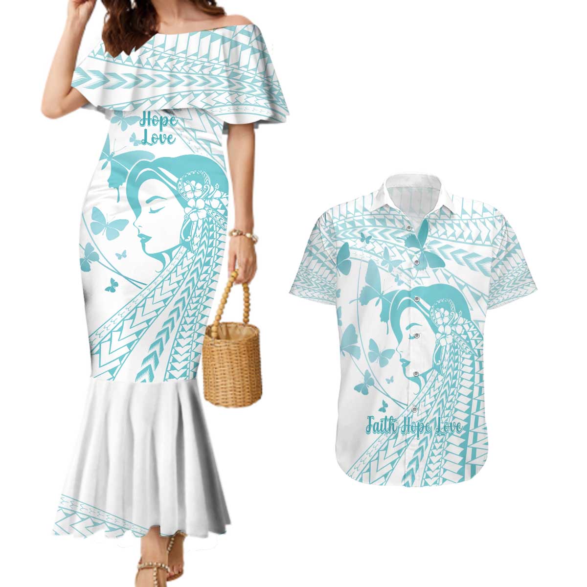 Polynesia Cervical Cancer Awareness Month Couples Matching Mermaid Dress and Hawaiian Shirt Polynesian Women Faith Hope Love! LT14 White - Polynesian Pride