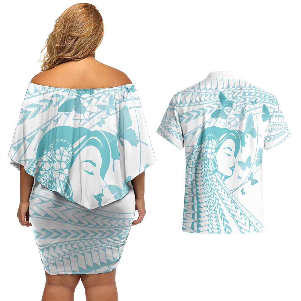 Polynesia Cervical Cancer Awareness Month Couples Matching Off Shoulder Short Dress and Hawaiian Shirt Polynesian Women Faith Hope Love!