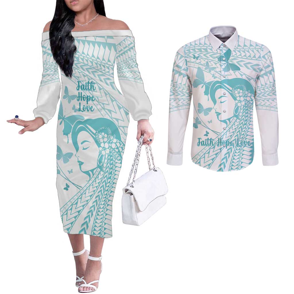 Polynesia Cervical Cancer Awareness Month Couples Matching Off The Shoulder Long Sleeve Dress and Long Sleeve Button Shirt Polynesian Women Faith Hope Love!