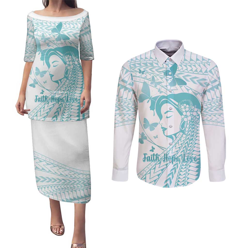 Polynesia Cervical Cancer Awareness Month Couples Matching Puletasi and Long Sleeve Button Shirt Polynesian Women Faith Hope Love!