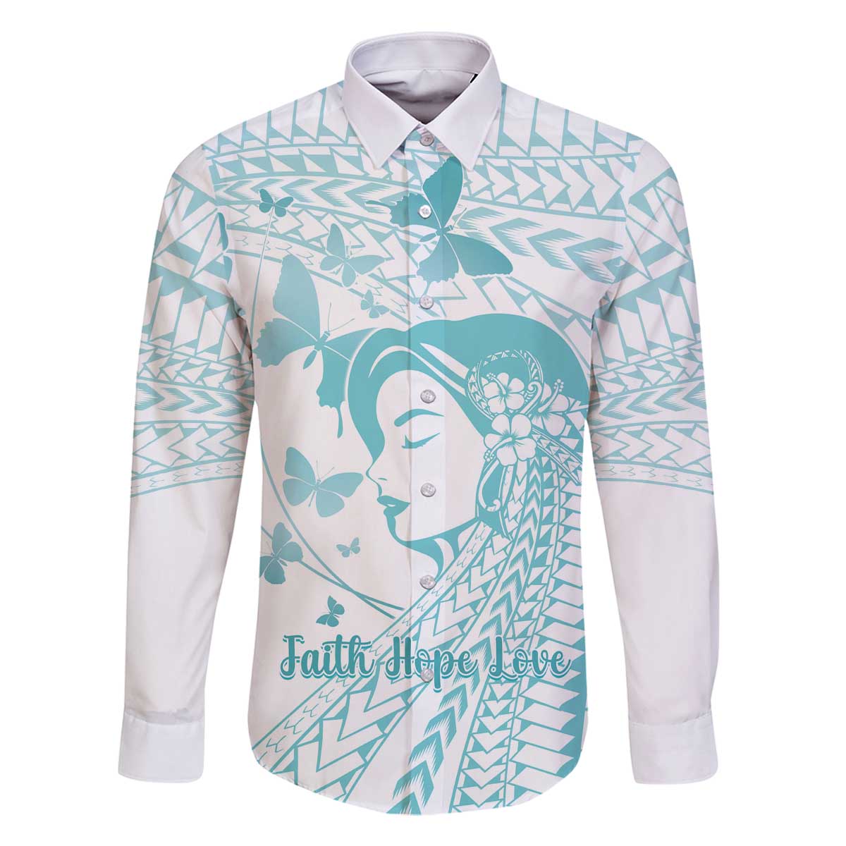 Polynesia Cervical Cancer Awareness Month Family Matching Off The Shoulder Long Sleeve Dress and Hawaiian Shirt Polynesian Women Faith Hope Love! LT14 Dad's Shirt - Long Sleeve White - Polynesian Pride