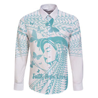 Polynesia Cervical Cancer Awareness Month Family Matching Off Shoulder Maxi Dress and Hawaiian Shirt Polynesian Women Faith Hope Love! LT14 Dad's Shirt - Long Sleeve White - Polynesian Pride