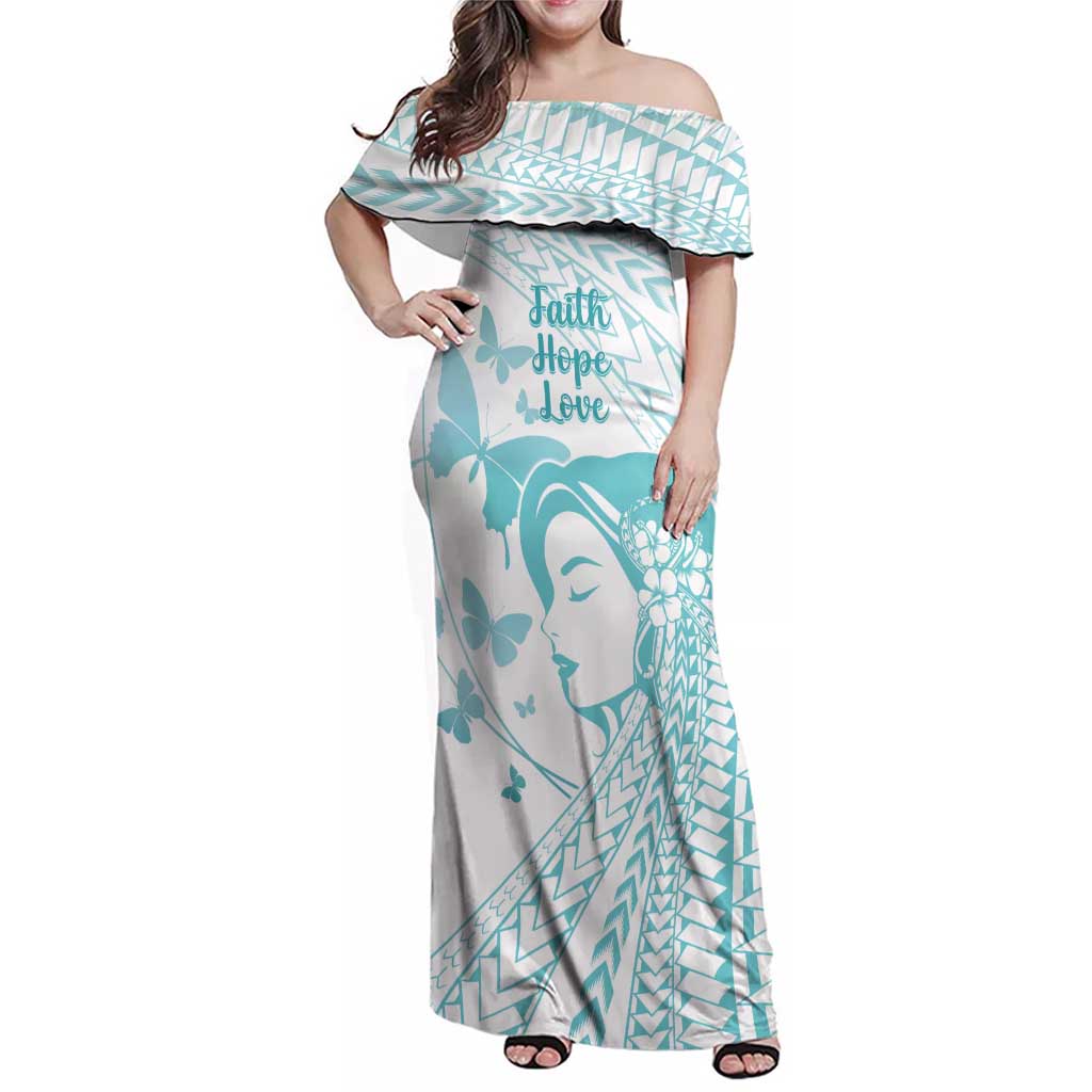 Polynesia Cervical Cancer Awareness Month Family Matching Off Shoulder Maxi Dress and Hawaiian Shirt Polynesian Women Faith Hope Love! LT14 Mom's Dress White - Polynesian Pride