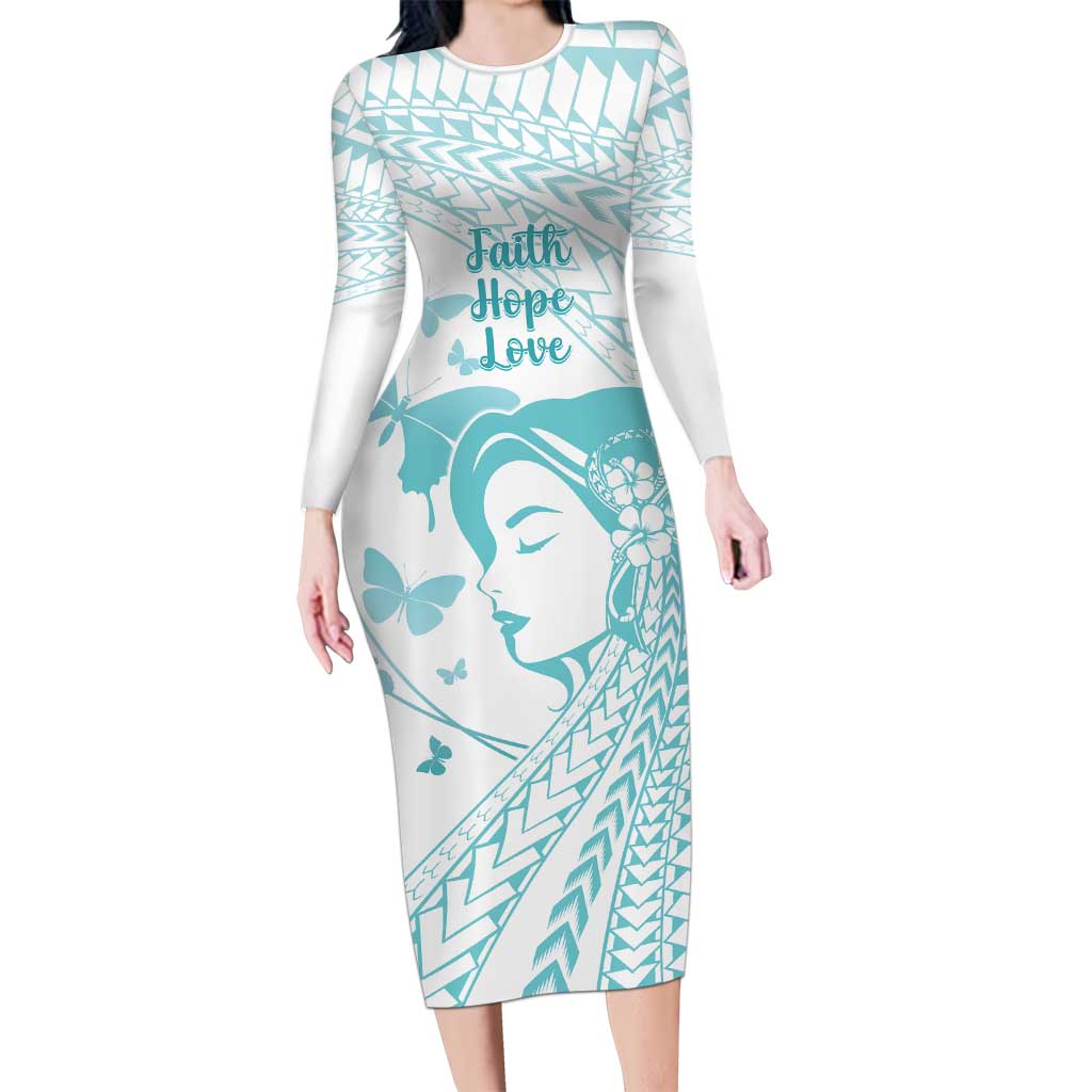Polynesia Cervical Cancer Awareness Month Long Sleeve Bodycon Dress Polynesian Women Faith Hope Love! LT14 Long Dress White - Polynesian Pride