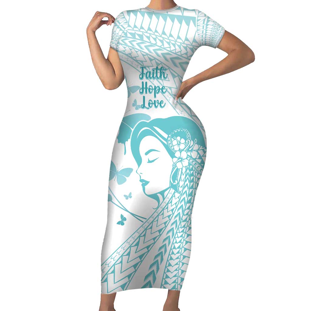 Polynesia Cervical Cancer Awareness Month Short Sleeve Bodycon Dress Polynesian Women Faith Hope Love! LT14 Long Dress White - Polynesian Pride