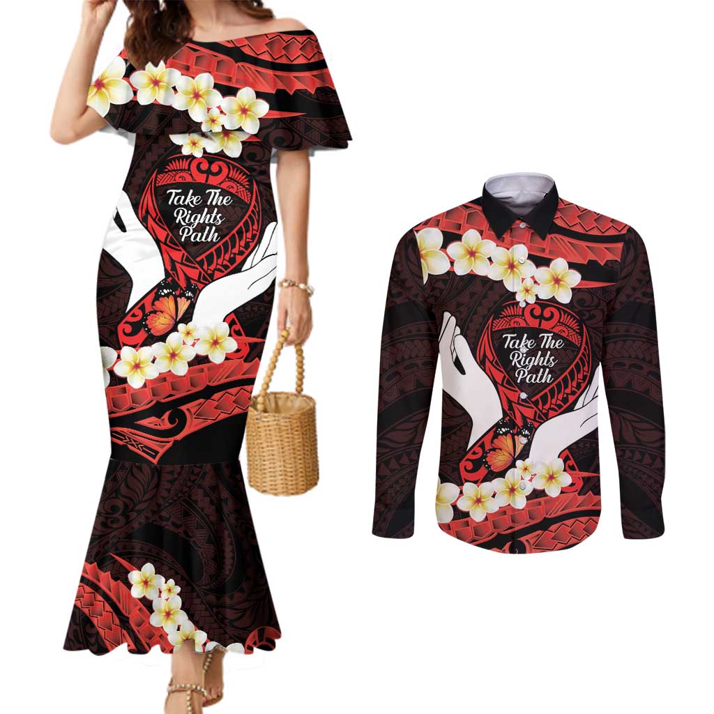 Polynesia AIDS Awareness Month Couples Matching Mermaid Dress and Long Sleeve Button Shirt Take The Rights Path Polynesian Pattern