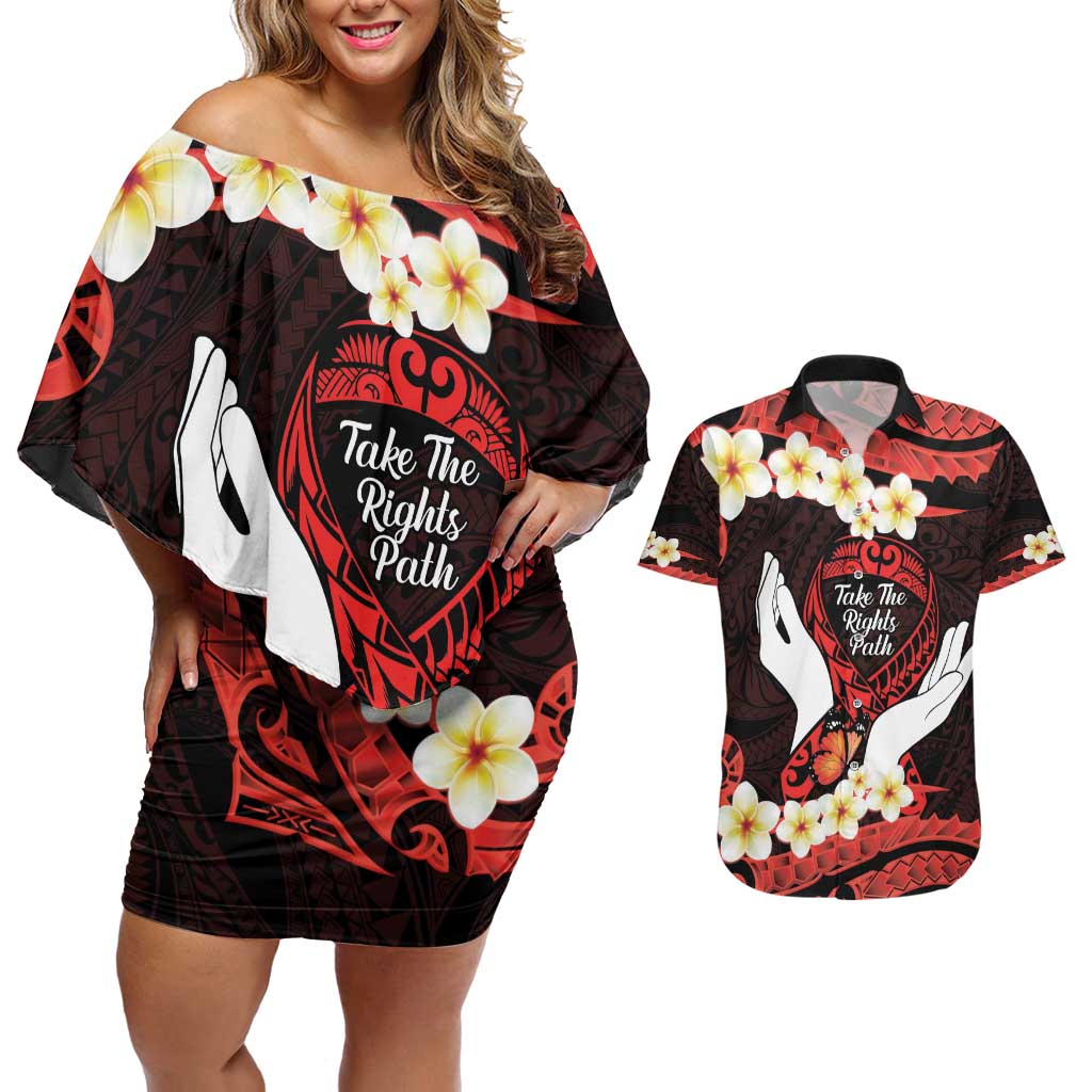 Polynesia AIDS Awareness Month Couples Matching Off Shoulder Short Dress and Hawaiian Shirt Take The Rights Path Polynesian Pattern