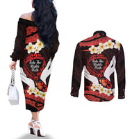 Polynesia AIDS Awareness Month Couples Matching Off The Shoulder Long Sleeve Dress and Long Sleeve Button Shirt Take The Rights Path Polynesian Pattern