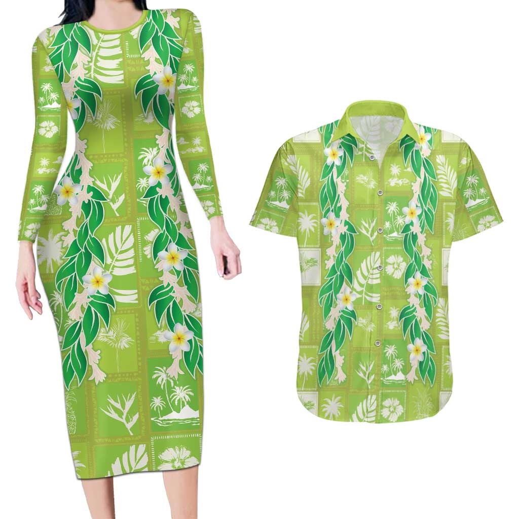 Aloha Hawaii Tuberose Lei Couples Matching Long Sleeve Bodycon Dress and Hawaiian Shirt Tropical Vibes Green Color LT14 Green - Polynesian Pride