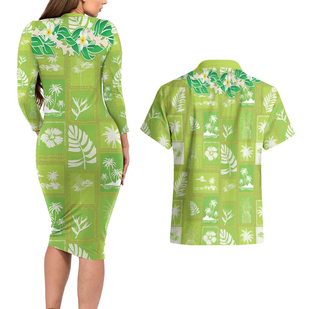 Aloha Hawaii Tuberose Lei Couples Matching Long Sleeve Bodycon Dress and Hawaiian Shirt Tropical Vibes Green Color LT14 - Polynesian Pride