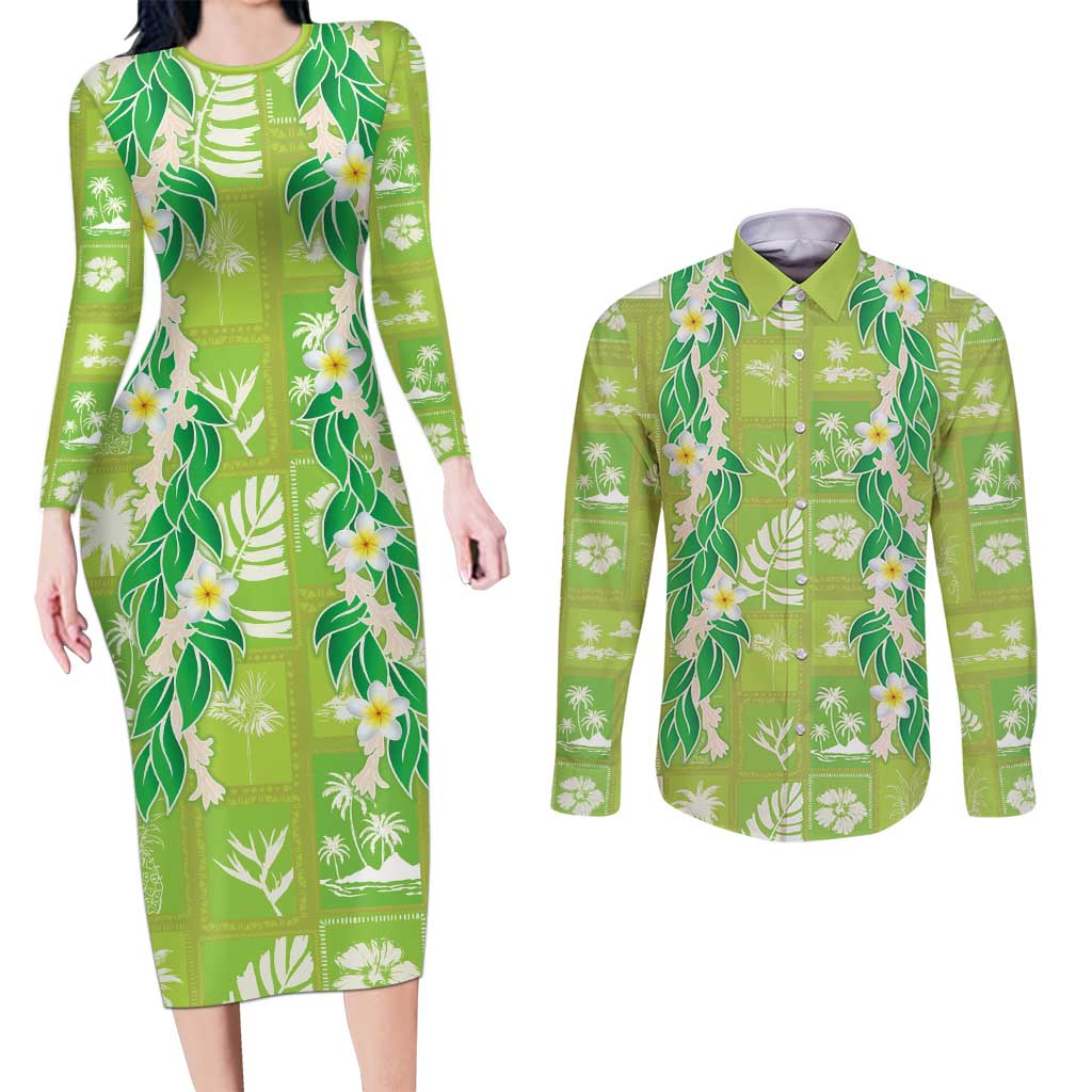 Aloha Hawaii Tuberose Lei Couples Matching Long Sleeve Bodycon Dress and Long Sleeve Button Shirt Tropical Vibes Green Color LT14 Green - Polynesian Pride