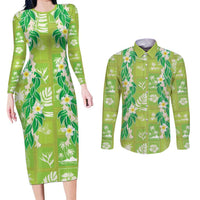 Aloha Hawaii Tuberose Lei Couples Matching Long Sleeve Bodycon Dress and Long Sleeve Button Shirt Tropical Vibes Green Color LT14 Green - Polynesian Pride