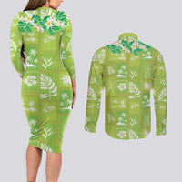 Aloha Hawaii Tuberose Lei Couples Matching Long Sleeve Bodycon Dress and Long Sleeve Button Shirt Tropical Vibes Green Color LT14 - Polynesian Pride