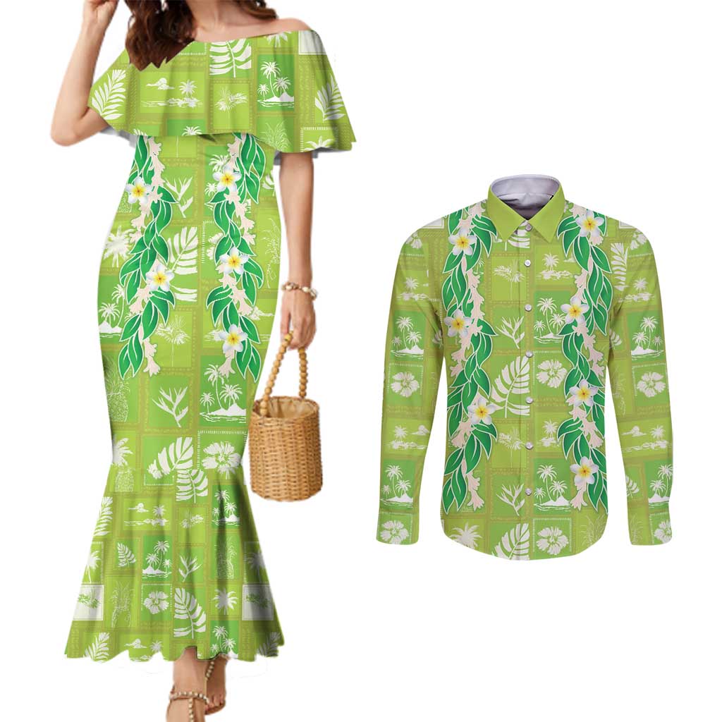 Aloha Hawaii Tuberose Lei Couples Matching Mermaid Dress and Long Sleeve Button Shirt Tropical Vibes Green Color LT14 Green - Polynesian Pride