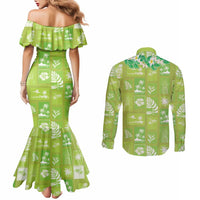 Aloha Hawaii Tuberose Lei Couples Matching Mermaid Dress and Long Sleeve Button Shirt Tropical Vibes Green Color LT14 - Polynesian Pride