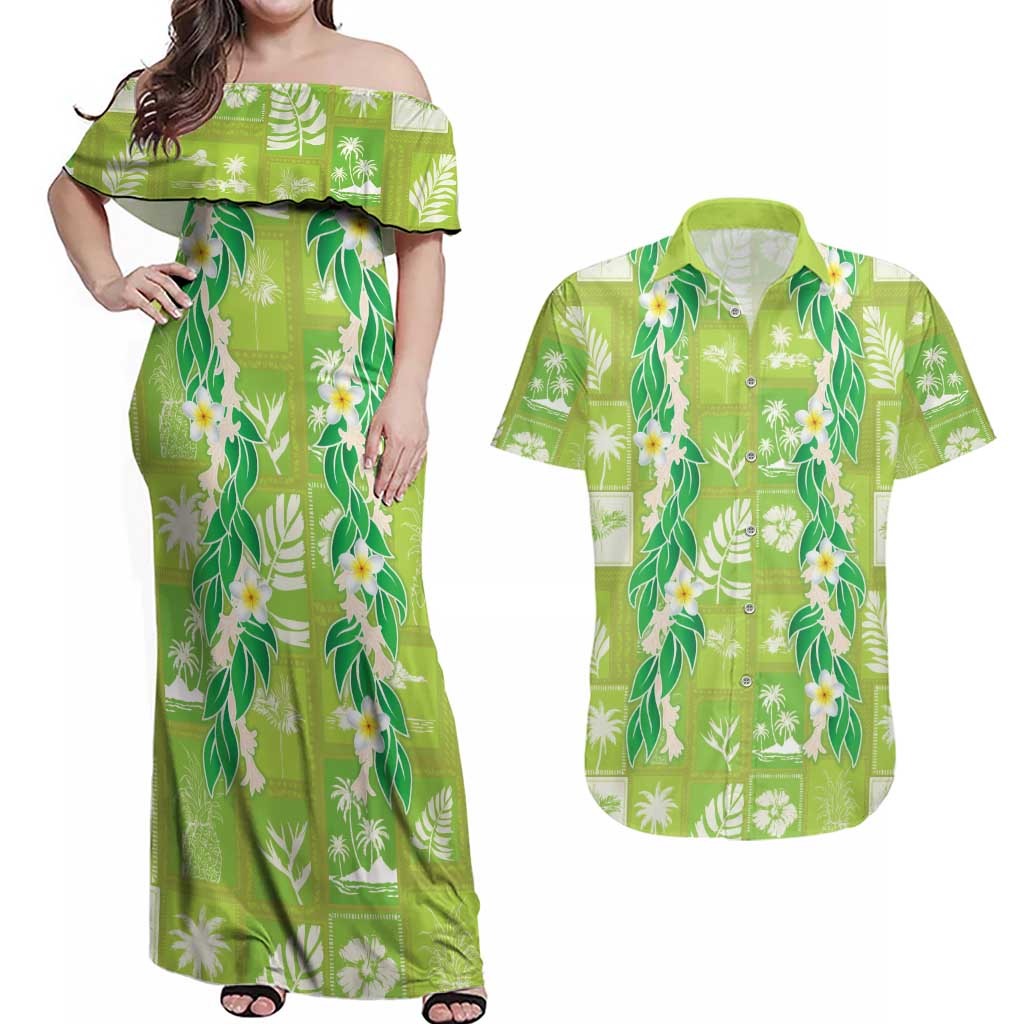 Aloha Hawaii Tuberose Lei Couples Matching Off Shoulder Maxi Dress and Hawaiian Shirt Tropical Vibes Green Color LT14 Green - Polynesian Pride