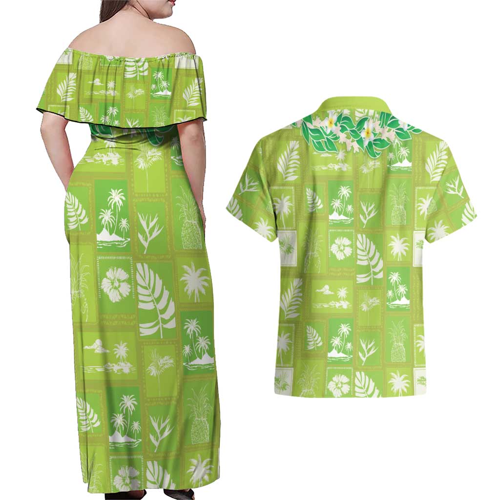 Aloha Hawaii Tuberose Lei Couples Matching Off Shoulder Maxi Dress and Hawaiian Shirt Tropical Vibes Green Color LT14 - Polynesian Pride