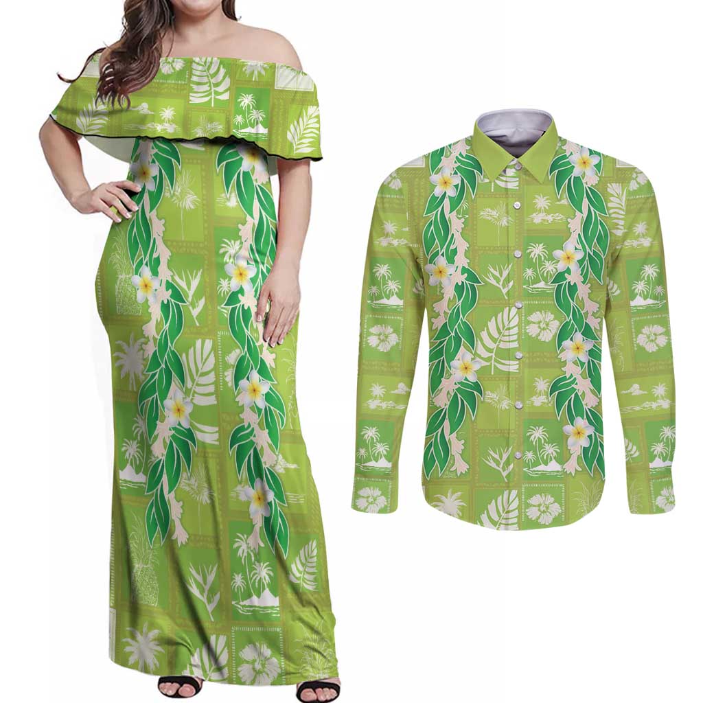 Aloha Hawaii Tuberose Lei Couples Matching Off Shoulder Maxi Dress and Long Sleeve Button Shirt Tropical Vibes Green Color LT14 Green - Polynesian Pride