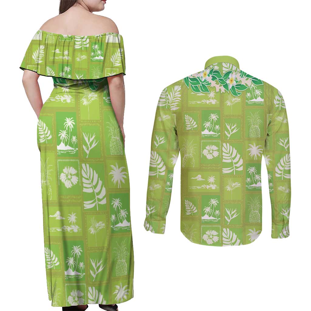 Aloha Hawaii Tuberose Lei Couples Matching Off Shoulder Maxi Dress and Long Sleeve Button Shirt Tropical Vibes Green Color LT14 - Polynesian Pride
