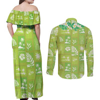 Aloha Hawaii Tuberose Lei Couples Matching Off Shoulder Maxi Dress and Long Sleeve Button Shirt Tropical Vibes Green Color LT14 - Polynesian Pride
