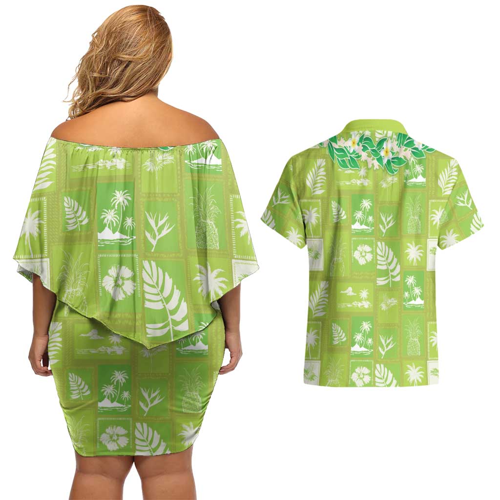 Aloha Hawaii Tuberose Lei Couples Matching Off Shoulder Short Dress and Hawaiian Shirt Tropical Vibes Green Color LT14 - Polynesian Pride