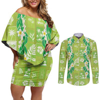 Aloha Hawaii Tuberose Lei Couples Matching Off Shoulder Short Dress and Long Sleeve Button Shirt Tropical Vibes Green Color LT14 Green - Polynesian Pride