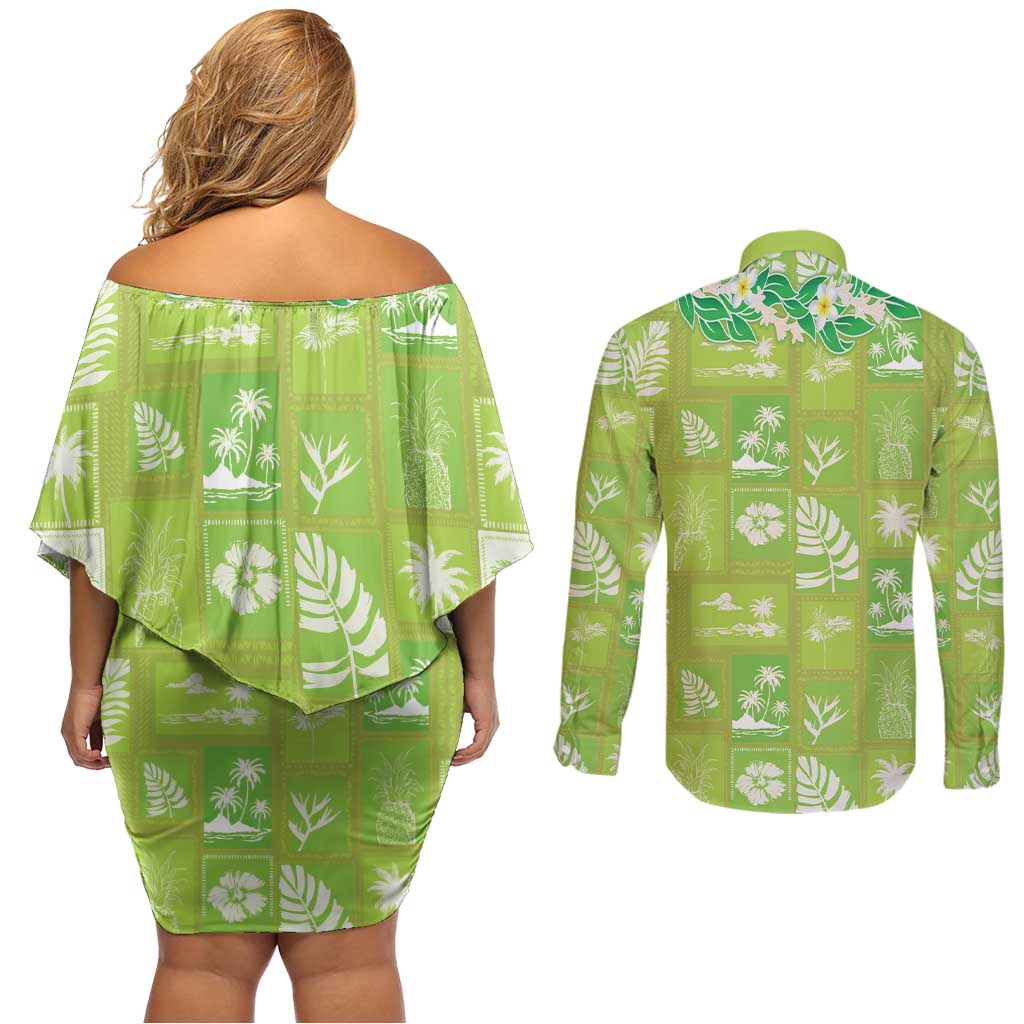 Aloha Hawaii Tuberose Lei Couples Matching Off Shoulder Short Dress and Long Sleeve Button Shirt Tropical Vibes Green Color LT14 - Polynesian Pride