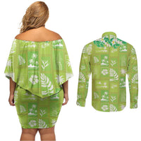 Aloha Hawaii Tuberose Lei Couples Matching Off Shoulder Short Dress and Long Sleeve Button Shirt Tropical Vibes Green Color LT14 - Polynesian Pride