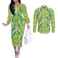 Aloha Hawaii Tuberose Lei Couples Matching Off The Shoulder Long Sleeve Dress and Long Sleeve Button Shirt Tropical Vibes Green Color LT14 Green - Polynesian Pride