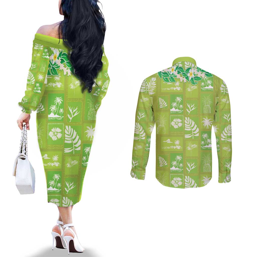 Aloha Hawaii Tuberose Lei Couples Matching Off The Shoulder Long Sleeve Dress and Long Sleeve Button Shirt Tropical Vibes Green Color LT14 - Polynesian Pride