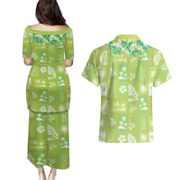 Aloha Hawaii Tuberose Lei Couples Matching Puletasi and Hawaiian Shirt Tropical Vibes Green Color LT14 - Polynesian Pride